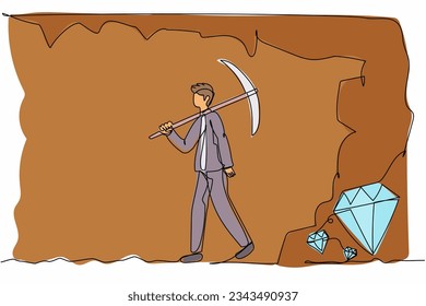 Continuous one line drawing exhausted businessman give up before reach diamonds. Worker stop digging with pickaxe, not knowing precious diamond almost revealed. Single line design vector illustration