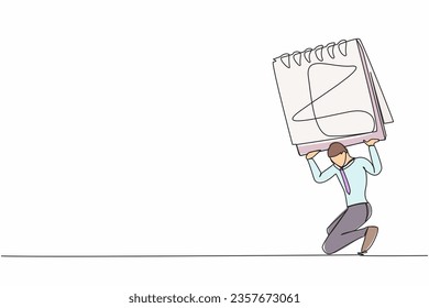 Continuo giro de una línea que dibuja a un agotado hombre de negocios con un pesado calendario en la espalda. Síndrome de Burnout. Estresado en el trabajo, emocional, sintiéndose deprimido. Ilustración gráfica vectorial de diseño de línea única