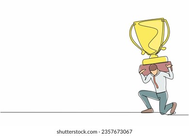 Continuous one line drawing exhausted businessman carrying heavy trophy on his back. Entrepreneur failed to win competition or business goals achievement. Single line draw design vector illustration
