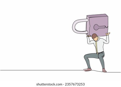 Continuous one line drawing exhausted businessman carrying heavy padlock on his back. Unemployment and debt problem or bankruptcy. Depressed dying worker. Single line draw design vector illustration