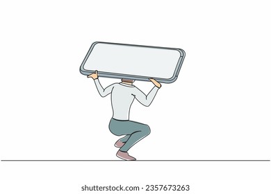 Continuo dibujo de una línea de un agotado hombre de negocios con un pesado smartphone en la espalda. Depresión, fatiga, estrés mental, frustración por exceso de trabajo. Ilustración vectorial de diseño de líneas simples