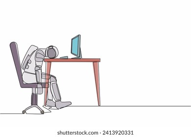 Continuous one line drawing exhausted young astronaut sitting with head down on desk. Tired spaceman after space exploration. Cosmonaut outer space. Single line draw graphic design vector illustration