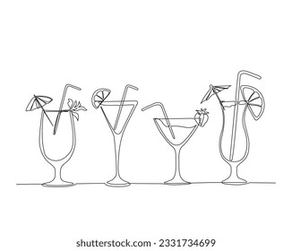 Continuous one line drawing of exotic cocktails. Cocktail drink outline design. Editable stroke.