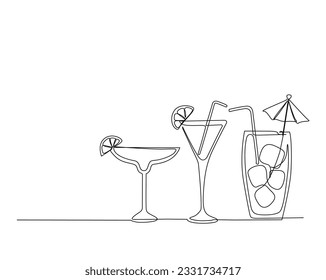 Continuous one line drawing of exotic cocktails. Cocktail drink outline design. Editable stroke.