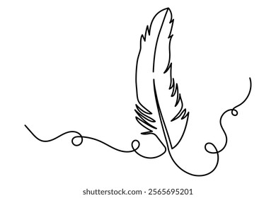 Continuous one line drawing of exotic bird feather. Feather single line vector illustration. Editable line vector.