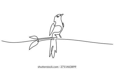 Dibujo continuo de una línea de un pájaro exótico encaramado en una rama. Naturaleza minimalista, vida salvaje y concepto de libertad. Ilustración vectorial simple.
