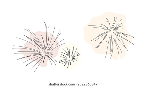 Dibujo continuo de una línea de fuegos artificiales explotados. Ilustración vectorial del contorno de los parpadeos. Luces festivas de Bengala. Vector hecho a mano, no IA.