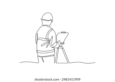 Continuous one line drawing an exploration expert is designing a mining area. Woman digging and mining for treasure chest in underground tunnel. Single line draw design vector