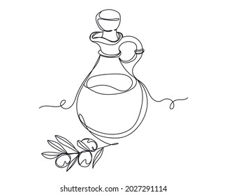 Continuous one line drawing of extra virgin olive with olives and leaves icon in silhouette on a white background. Linear stylized.Minimalist.