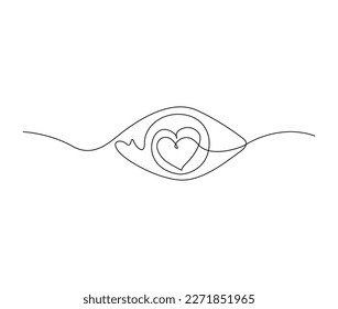 Continuous one line drawing of eye watch. Minimalist eye  with retina shapped heart outline design. Editable active stroke vector.