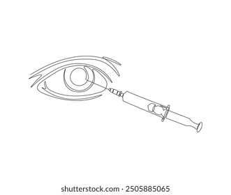 Continuous one line drawing of eye injection. One line illustration of eye with syringe. Eye surgery, Cosmetology concept vector design. Editable outline.