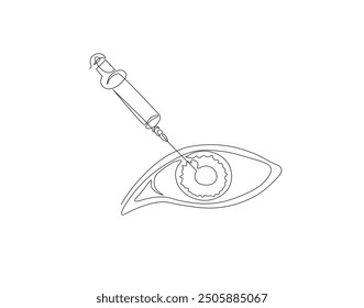Continuous one line drawing of eye injection. One line illustration of eye with syringe. Eye surgery, Cosmetology concept vector design. Editable outline.