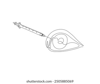 Continuous one line drawing of eye injection. One line illustration of eye with syringe. Eye surgery, Cosmetology concept vector design. Editable outline.