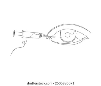 Continuous one line drawing of eye injection. One line illustration of eye with syringe. Eye surgery, Cosmetology concept vector design. Editable outline.