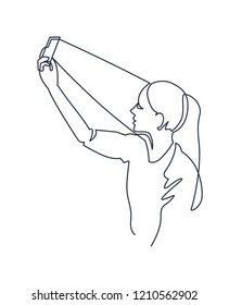 Continuous One Line Drawing of face identification check. Selfie beautiful woman blogger. Vector illustration portrait character of young girl, holding smartphone and face id verification