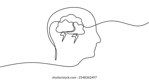 Continuous one line drawing of a face with a storm inside, symbolizing psychological struggles and the inner chaos experienced during emotional distress.