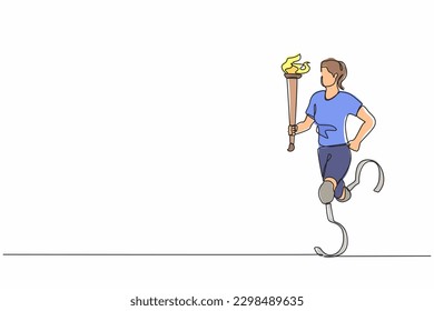 Dibujo continuo de una línea sin rostro, mujer discapacitada o deportista, sosteniendo una antorcha encendida en una pose. Deporte discapacitado, éxito, juegos de discapacidad, campeonato. Vector de diseño gráfico de una sola línea