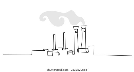 Uma Linha Contínua Desenho Fábrica De Fumaça Chimney. Questão Ambiental Poluição Do Ar. Conceito da indústria.