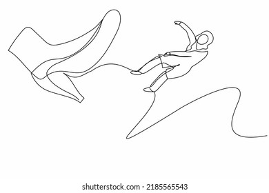 Continuous One Line Drawing Failed Arab Businesswoman Kicked Out By Bigfoot. Employee Become Unemployed From Company. Minimalist Metaphor Concept. Single Line Draw Design Vector Graphic Illustration