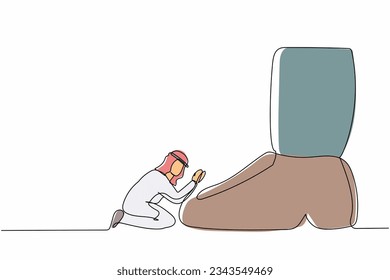 Continuous one line drawing failed Arabian businessman kneeling a giant foot or shoe. Office worker apologize to boss. Minimalist metaphor concept. Single line draw design vector graphic illustration