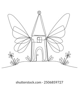 Continuous one line drawing of a fairy house. Vector illustration on isolated 