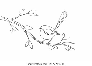 Continuous one line drawing fairy wren perched on a tree branch with leaves. Singing with secret password for future child. International Dawn Chorus Day. Single line draw design vector illustration