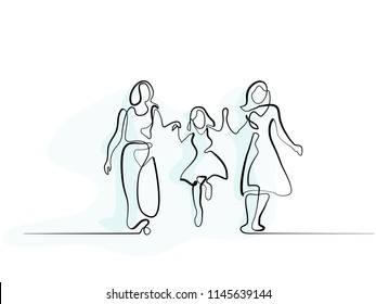 Continuous one line drawing. Family with mother, grandmother and girl walking. Vector illustration