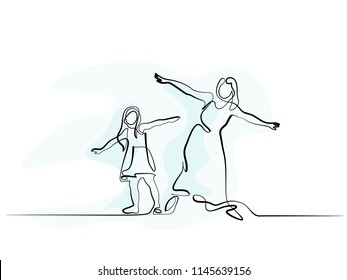 Continuous one line drawing. Family with mother and girl in fly. Vector illustration