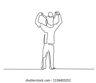 Continuous one line drawing. Family concept. Small boy is sitting on his father shoulders. Vector illustration