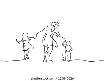 Continuous One Line Drawing. Family Concept. Mother Walking With Small Children. Vector Illustration