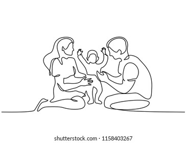 Continuous one line drawing. Family concept. Father, mother and kid sitting together. Vector illustration