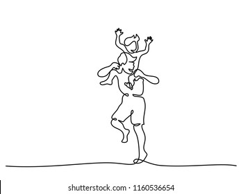 Continuous one line drawing. Family concept. Small boy is sitting on his father shoulders. Vector illustration
