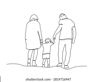 Continuous one line drawing of family vector, Concept of father, mother, and son. Parents help their kid walking. Continuous line drawing of happy family father, mother and one child playing.