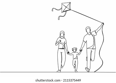 Continuous one line drawing family weekend and parents   child walking in park  Fun family running  rest at nature vacation  Dad  mom    daughter launches kite  Single line draw design vector