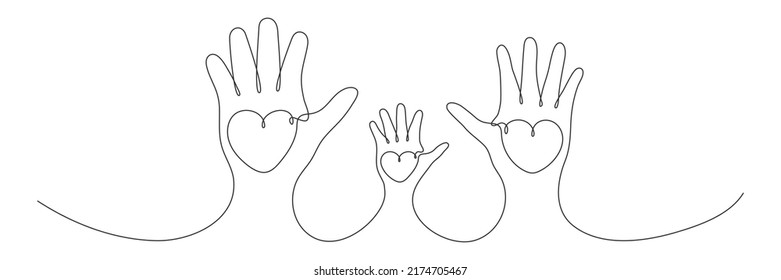 Continuous one line drawing family hands hold hearts. Mother, father and child together. Parents and children love concept. Vector isolated on white.