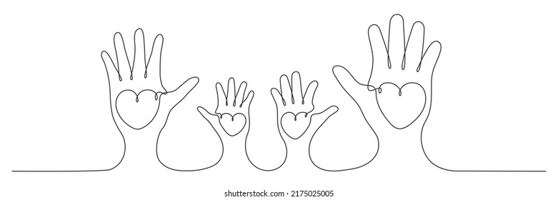 Continuous one line drawing family hands hold hearts  Mother  father   child together  Parents   children love concept  Vector isolated white 