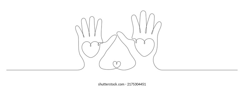 Una línea contínua que atrae a la familia con los corazones en la mano. Concepto de amor de pareja. Vector aislado en blanco.