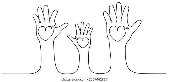 Continuous one line drawing family hands hold hearts. Mother, father and child. Parents and children love concept. Volunteers group. Vector isolated on white.