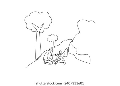 Continuous one line drawing  Family and children spending time together. Walking family concept. Doodle vector illustration.