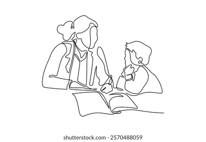 Continuous one line drawing. Family concept. Mother and son reading book. Mother teaching her child in continuous line art drawing style. Mom with kid