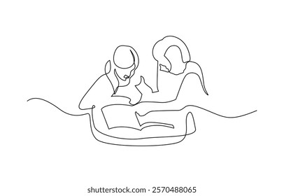 Continuous one line drawing. Family concept. Mother and son reading book. Mother teaching her child in continuous line art drawing style. Mom with kid