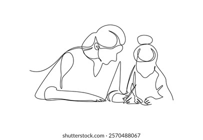 Continuous one line drawing. Family concept. Mother and son reading book. Mother teaching her child in continuous line art drawing style. Mom with kid