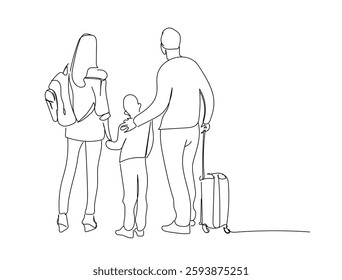 Continuous one line drawing Family Of Three In Airport Looking Out Of Window At Airplane Departure, Parents And Little Daughter Enjoying holiday. Hand made vector not Al