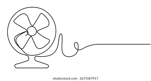 Dibujo continuo de una línea de un ventilador con cuchillas, que representa la frescura y la frescura, Ilustración vectorial de estilo de arte de línea, Dibujo de línea continua simple de un ventilador de mesa, Dibujo de línea continua.