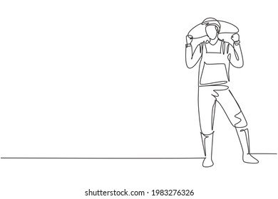 Continuous one line drawing farmer stood with celebrate gesture, wearing straw hat and farm uniform to plant crops on farmland. Success business. Single line draw design vector graphic illustration