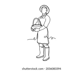 Dibujo continuo de una línea del icono de concepto de granja de agricultores en silueta sobre un fondo blanco. Linear estilizado.