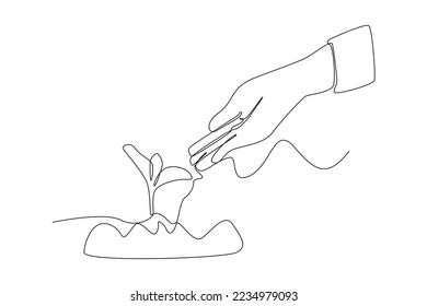 Continuous one line drawing farmer hand watering young plant. Agriculture concept. Single line draw design vector graphic illustration.