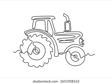 Continuous one line drawing of farmer tractor vehicle. Agricultural tractor in single line draw illustration. Agricultural Tractor, Farm Machinery, Rural. Editable stroke. Hand drawn one line vector.	