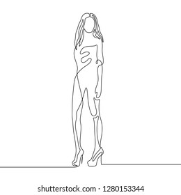 Continuous one line drawing fashion standing woman in dress
