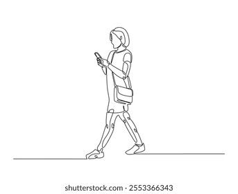 Continuous one line drawing of fashionable woman with shoulder bag. Beautiful lady posing with shoulder bag in casual fashion illustration. Editable vector. 